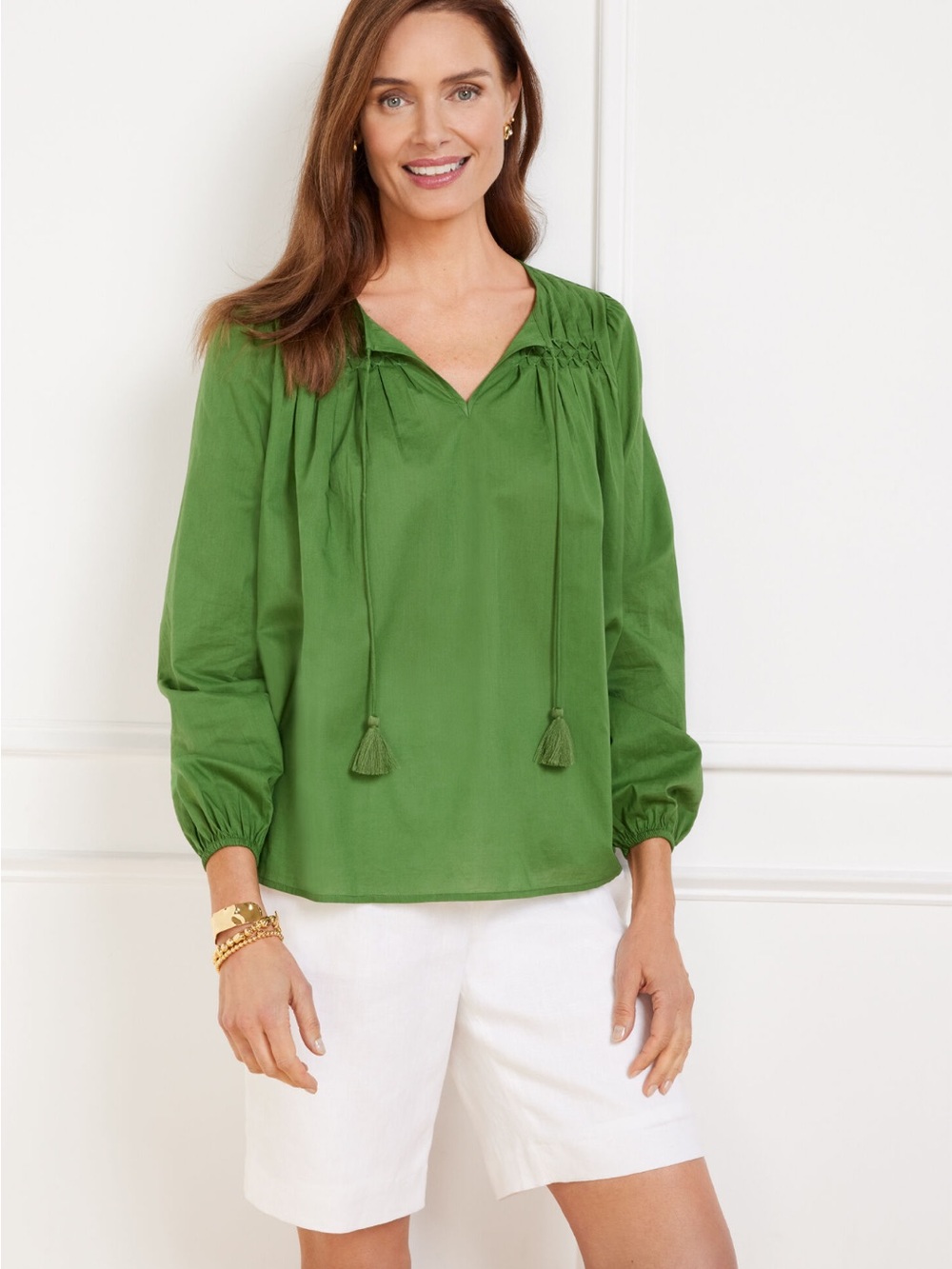 Talbots Cotton Green Pleated Tie Neck Blouse, Size 2X, New without Tag